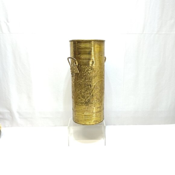 Umbrella Cane Brass Stand Grape Handle Detail Hand Hammered Reverse Floral Vinta